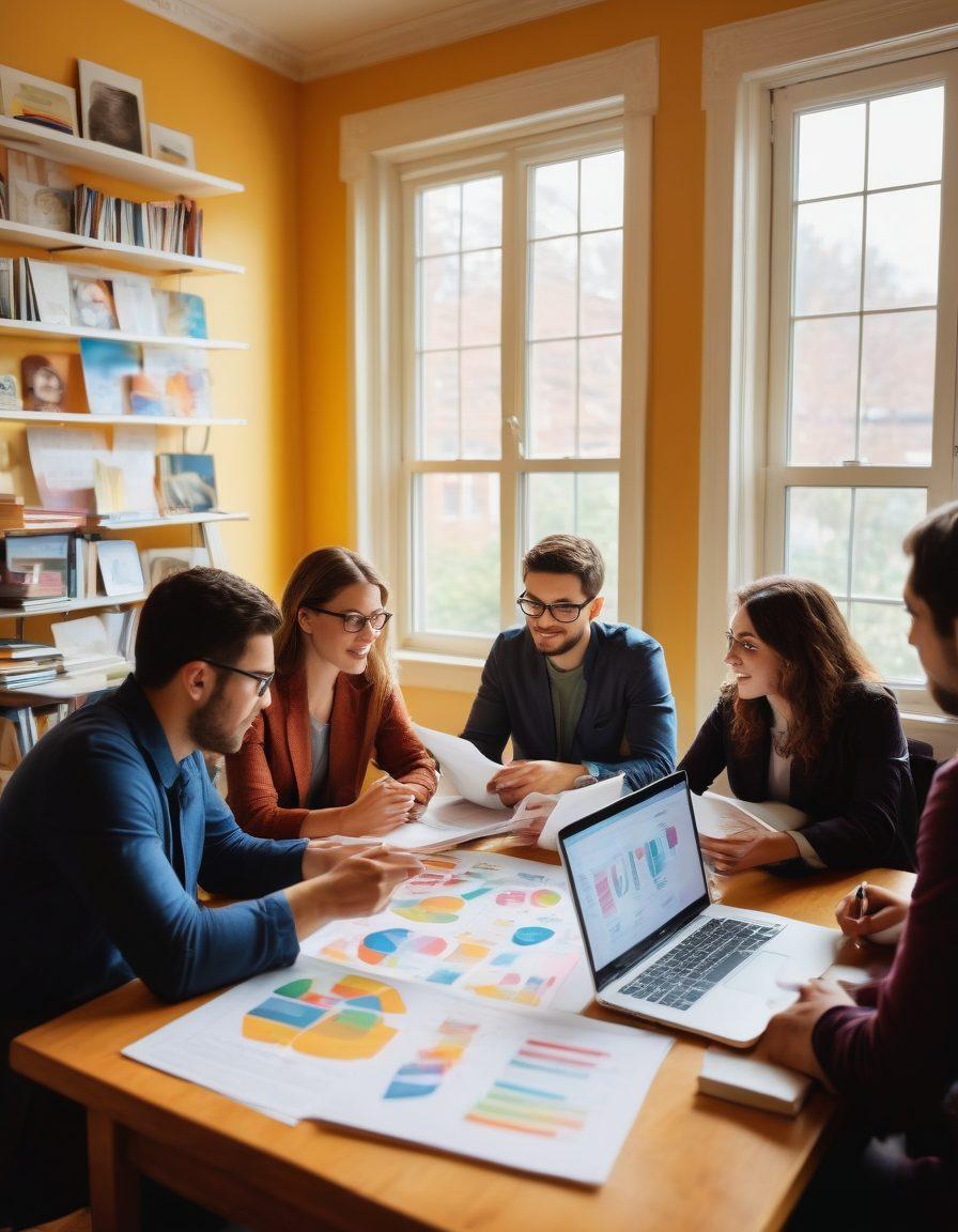 A diverse group of PhD candidates collaboratively reviewing a colorful chart filled with various funding opportunities, surrounded by books, laptops, and coffee cups. The room is filled with hints of academic flair, like a globe and research papers scattered around. Soft natural light filters through a window, creating a warm and inviting atmosphere. The candidates are engaged, discussing ideas with enthusiasm. vibrant colors. super-realistic. soft focus.