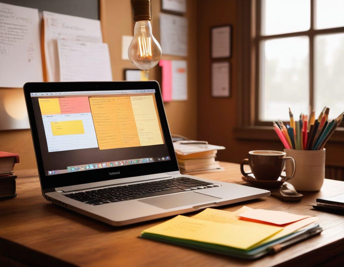 An open laptop on a wooden desk, surrounded by stacks of academic books and colorful sticky notes. A steaming cup of coffee sits nearby, and a glowing light bulb above symbolizes ideas and inspiration. In the background, a chalkboard with mathematical equations and diagrams adds an academic touch. The scene is warm and inviting, creating a focused study atmosphere. super-realistic. warm tones. vibrant colors.