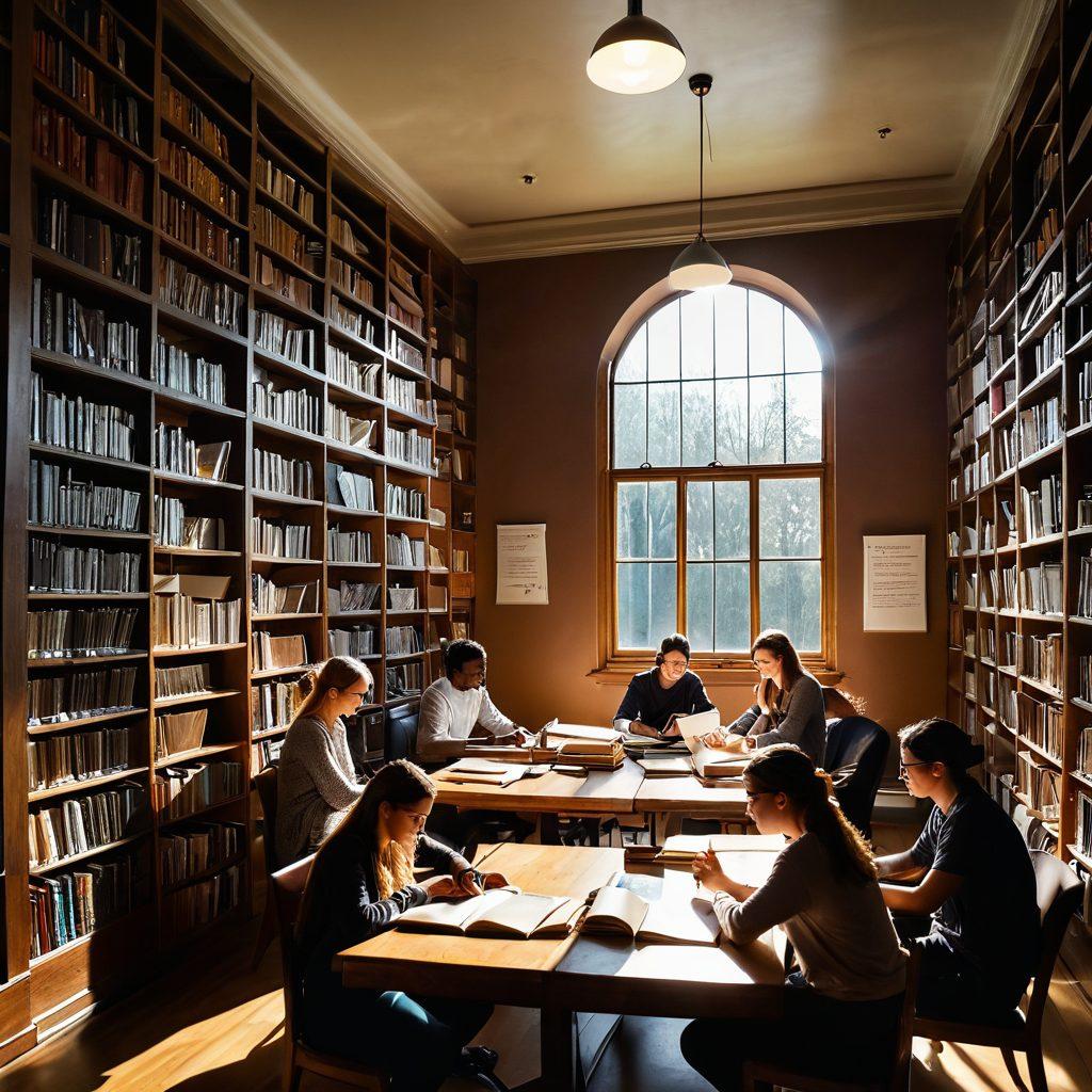 A serene library filled with towering shelves of books on research methods and academic success. A diverse group of focused postgraduate students is discussing a complex project around a large wooden table, with laptops and notebooks scattered around. Sunlight filters through tall windows, casting a warm glow on their determined faces. Include motivational quotes on the walls and a whiteboard with tips and resources. super-realistic. warm colors. cozy atmosphere.